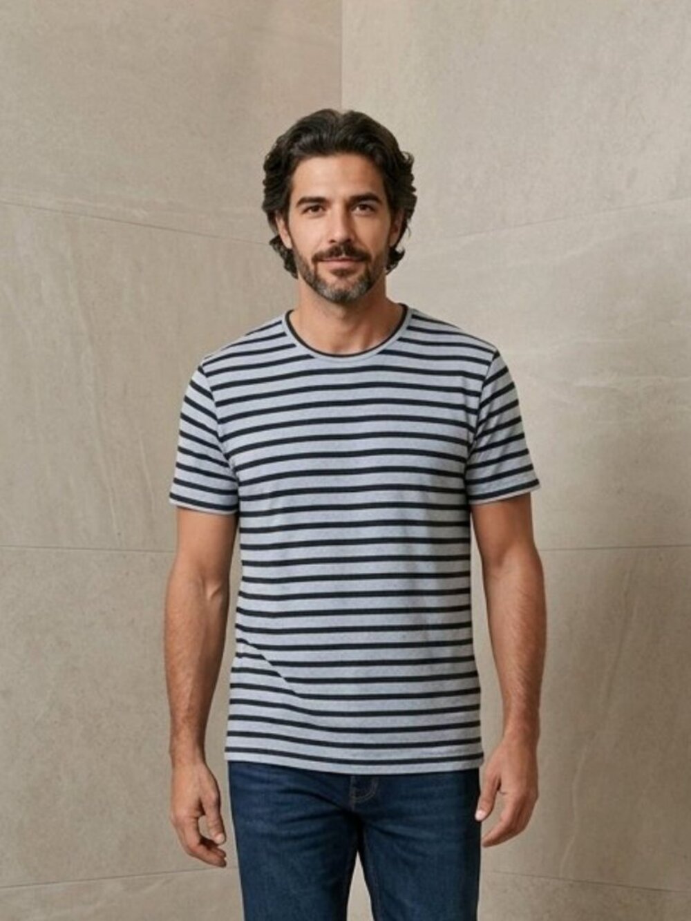 Denim & Flower Men's Large Blue on Blue Striped Short Sleeve Crew Neck Tee Shirt